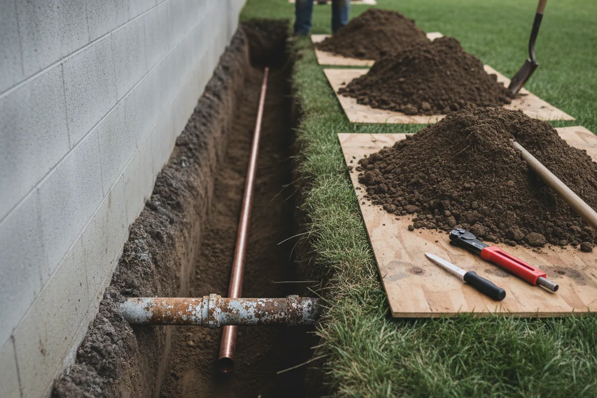 Excavated water line trench during Water Heater Repair in Edgard